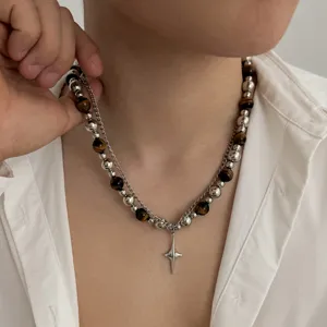 Collier De Perles Multicouche Pour Hombre Avec Pendentif Étoile À Quatre Branches Mode