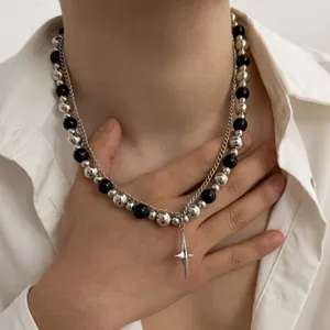 Collier de perles double couche pour homme avec pendentif étoile style hip-hop