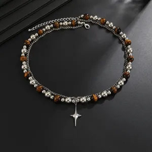 Collier double couche perles en oeil de tigre metal etoile a quatre branches hip hop detail