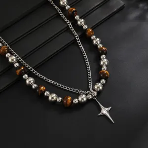 Collier double couche pour homme avec perles œil de tigre et pendentif étoile à quatre