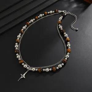 Collier de perles multicouche pour homme avec pierres d'œil de tigre et pendentif étoile cool.