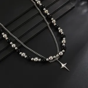 Collier de perles double couche pour hommes perles rondes noir argent pendentif étoile