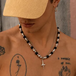 Collier de perles double couche pour hommes pendentif étoile à quatre branches hip-hop