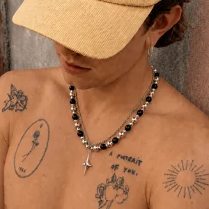 Collier double perles argent noir vintage pour homme pendentif étoile style hip hop rue