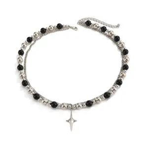 Collier double perles argentées et noires pour homme pendentif étoile streetwear hip hop