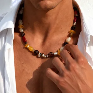 Collier de perles colorées en pierres précieuses rétro style européen pour hommes