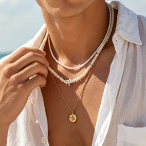 Men's Beach Vacation Starfish Pendant Necklace Triple Layered Beaded Clavicle Chain Alloy Artificial Pearl Jewelry Accessory