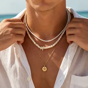 Men layered starfish necklace beach vacation beaded chain gold pendant jewelry set for summer.