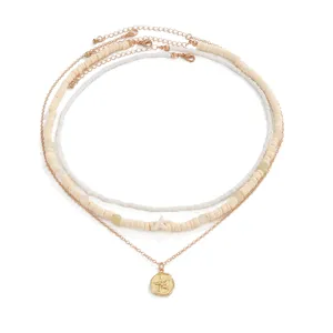 Multi-layer beaded starfish pendant necklace beach vacation style gold clavicle chain jewelry