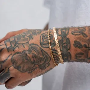 Mens stylish gold-plated open cuff bracelet and braided chain two-piece jewelry set
