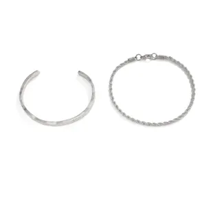 Silver-tone open cuff and twisted rope chain bracelet two-piece set for fashion daily wear