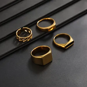 Detailed view of the 4-piece stainless steel gold ring set featuring geometric square designs.
