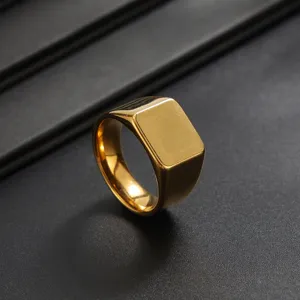 Stainless steel gold square signet ring detail view, minimalist fashion luxury men jewelry accessory.
