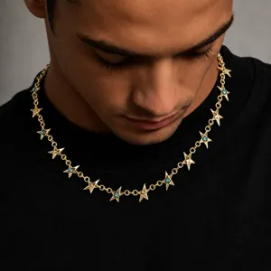 Heren hip-hop gouden ster hanger ketting met turkooizen stenen, trendy sleutelbeenketting.