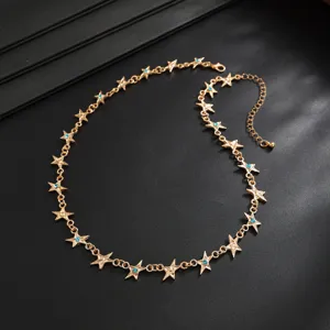 Gouden pentagram ster ketting met blauwe strass steentjes, hip-hop stijl mode juweel.