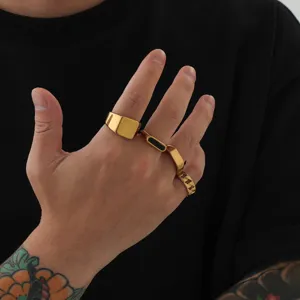 Men gold stainless steel square ring set 4 piece minimalist fashion jewelry accessories