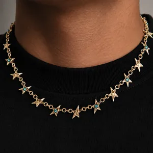 Heren hiphop pentagram ster ketting blauwe kristallen goudkleurige ketting sieraad main