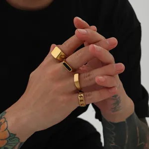 Men Gold Stainless Steel Ring Set Four Piece Minimalist Geometric Cuban Link Jewelry