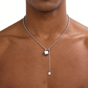 Men Stainless Steel Cube Pendant Necklace Hip Hop Adjustable Y-Shaped Snake Chain Necklace For Men Fashion Jewelry Gift