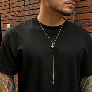 Men stainless steel square lariat necklace, gold tone sliding clavicle chain detail shot.
