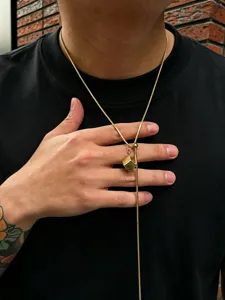 Stainless Steel Gold Cube Pendant Necklace Men Hip-Hop Y-Chain Jewelry Detail Shot