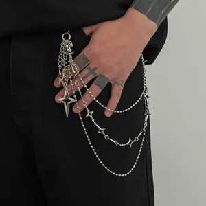 Hip hop style silver multi-layer pants chain detail shot, featuring four-pointed star charms.