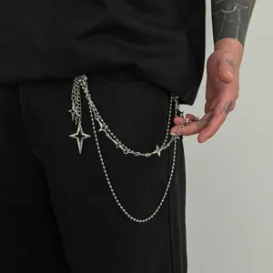 Detailed view of punk hip-hop silver star trouser chain, trendy metal waist chain for men.