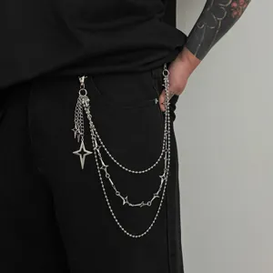 Metal hip-hop pants chain detail with multi-strand chains and sharp star charms for men.