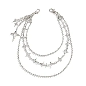 Silver multi-layer hip hop pants chain with star pendants for men streetwear fashion accessory