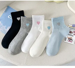 Women cute heart embroidered cotton socks breathable mesh short ankle socks set 5 pairs