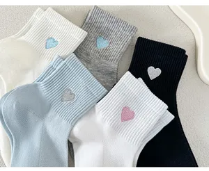 Mesh embroidered heart women short socks, breathable cotton ankle socks in multi colors.