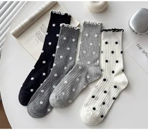 Cotton polka dot breathable ruffled summer long socks for women, thin mid-tube daily.