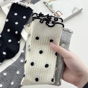 Women Polka Dot Mesh Breathable Ruffled Crew Socks Summer Thin Cotton Ballet Style Sweet Mid Tube Slouchy Hosiery White Black Gray