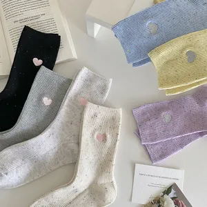 Women Cute Point Yarn Heart Embroidery Double Needle Mid-Calf Socks Japanese Style Casual Soft Cotton Socks Daily Wear