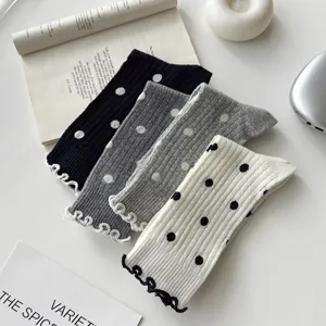 Cute polka dot ruffle crew socks for women, breathable cotton summer socks, sweet vintage style.