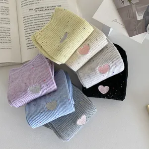 Cozy colorful speckle knit mid-tube socks featuring sweet heart embroidery design for daily wear.