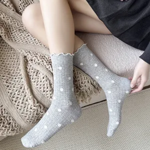 Grey polka dot ruffled mid tube socks for women, breathable cotton summer casual wear.