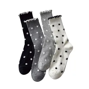 Women cotton polka dot mid-calf socks with cute ruffled lace trim breathable daily wear