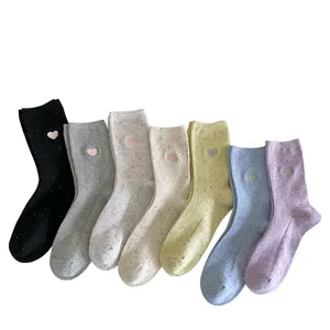 Colorful speckled yarn crew socks with heart embroidery, soft cotton slouchy mid-calf daily wear.