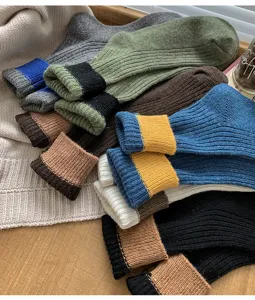 Herren dicke Strick Wolle Wadenstrümpfe Winter kuschelige Farblock casual warme Socken