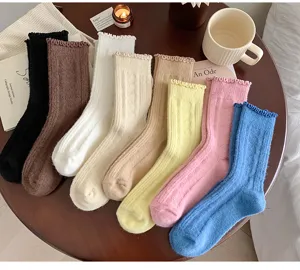 Japanische einfarbige Wollsocken für Damen, dicke warme Winter Rüschenrand lange Stulpen Socken.