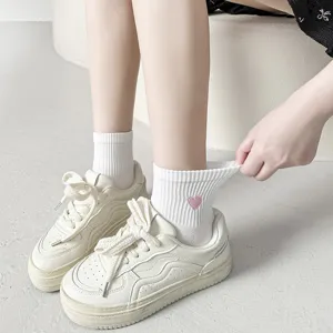 Women white cotton short socks with cute pink heart embroidery breathable summer crew socks