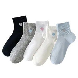 Women summer thin cotton mesh embroidered heart ankle short socks breathable set 5 pairs