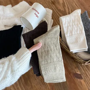Women Winter Warm Wool Socks Japanese Style Embossed Heart Solid Color Mid Tube Socks Thermal Casual Socks