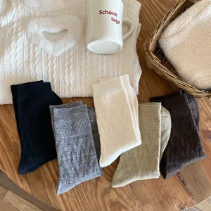 Women winter wool mid tube socks solid color embossed heart warm thermal pile socks cozy style