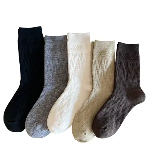 Women solid color wool mid tube socks relief heart knit warm winter casual socks pack 5 pairs