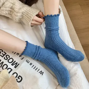 Japanischer Stil Einfarbig Wolle Socken Rüschenkante Dick Thermisch Wadenlang Lässig Warm Socken Für Damen Alltag