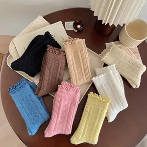 Japanischer Stil einfarbige Wollsocken mit Rüschenrand, süße warme Wintersocken für Damen.