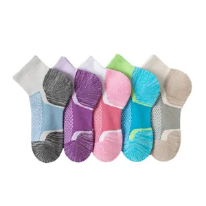 Breathable athletic running socks for women with cushioned towel bottom and mesh ventilation design.