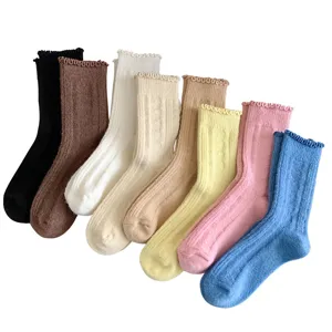 Japanische einfarbige dicke warme Woll-Damensocken mit Rüschen für den kalten Winter